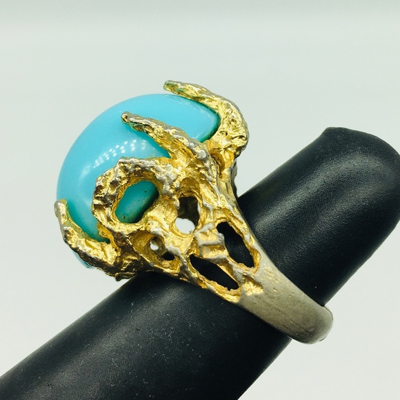 Vintage Jewelry - Vintage MCM Faux  Cinderella Turquoise Gold Tone Brutalist Adjustable Ring
